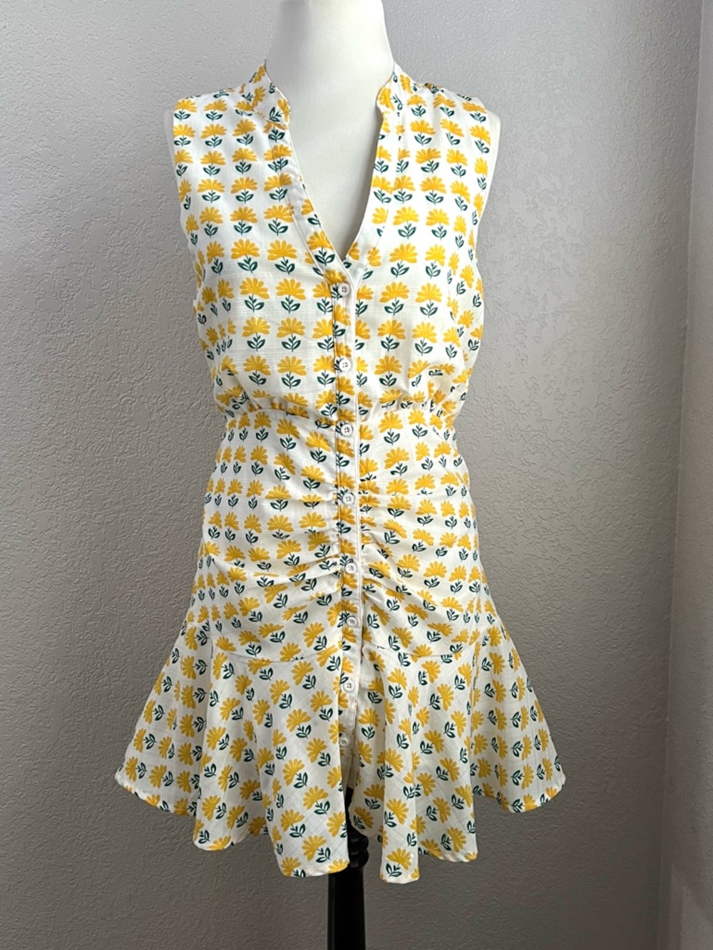 Mi Ami Yellow Floral Dress Peplum Hem Ruched Waist Sleeveless Boho Summer sz S